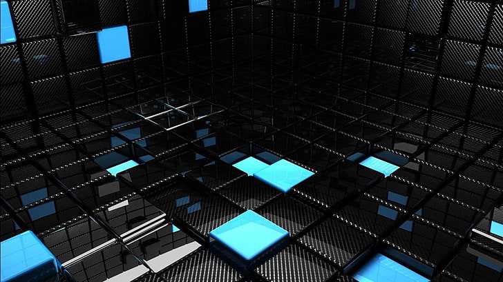 черные и синие плитки, абстрактные, темные, рендеринг, CGI, квадрат, черный, синий, HD обои