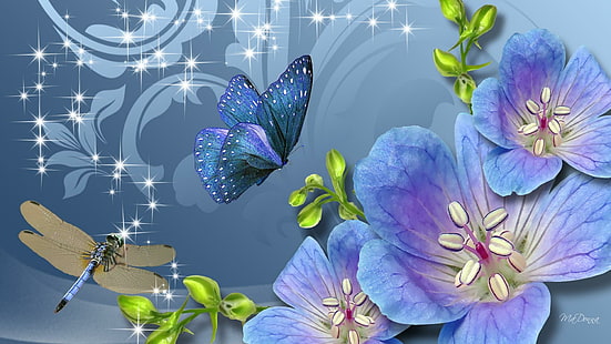 Fun Flowers Dragonfly, purple petaled flower and butterfly artwork, firefox persona, stars, buds, butterfly, flowers, swirls, sparkles, dragonfly, blue, 3d and abstract, HD wallpaper HD wallpaper