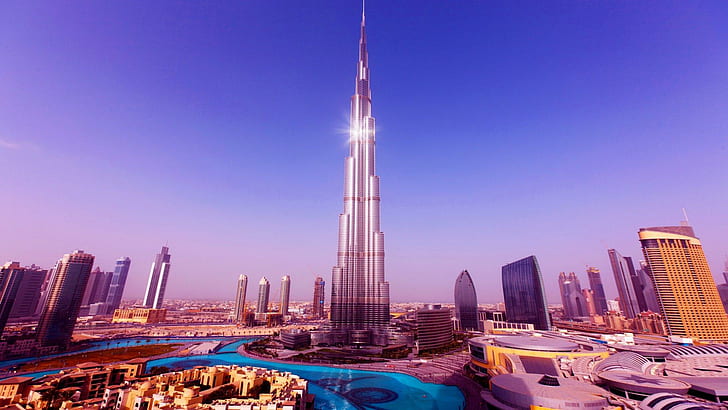 World Tallest Tower Burj Khalifa In Dubai, gray building, shiny, lagoon, city, skyscrapers, nature and landscapes, HD wallpaper