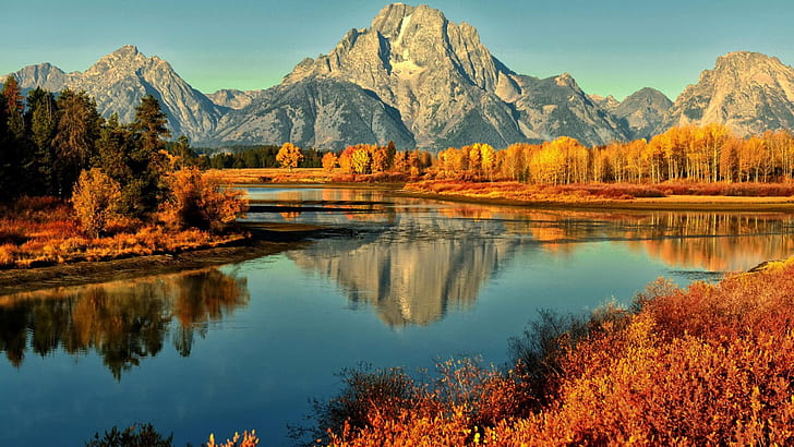 Grand Tetons National Park Curve River Forest With Yellow Leaves, Rocky Mountains, Blue Desktop Wallpaper Hd, HD tapet