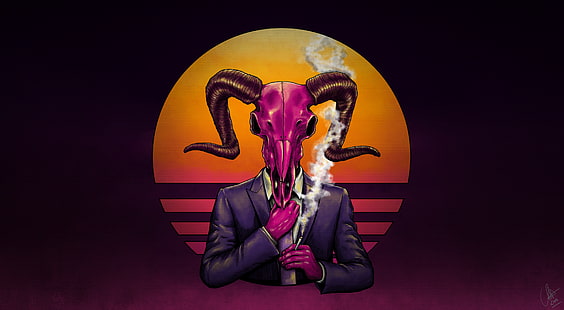 Diablo, cráneo, ilustraciones, fumar, cigarrillos, cuernos, Fondo de pantalla HD HD wallpaper
