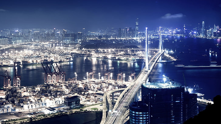 هونغ كونغ ، ميناء فيكتوريا ، ليلاً، خلفية HD