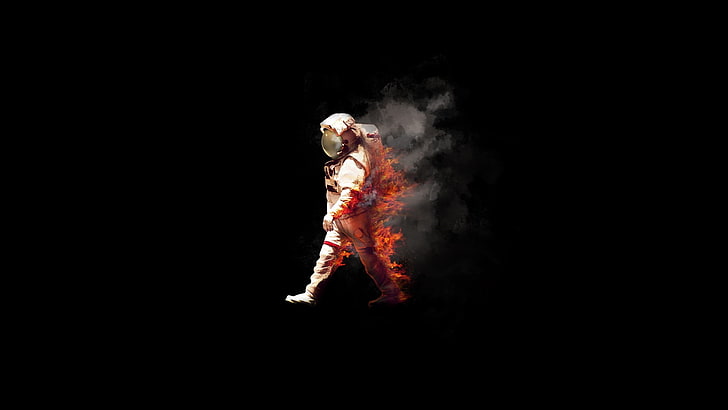 white astronaut costume, astronaut, space, fire, burn, spacesuit, NASA, spaceman, minimalism, abstract, burning, HD wallpaper