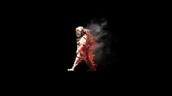 costume bianco astronauta, astronauta, spazio, fuoco, bruciare, tuta spaziale, NASA, astronauta, minimalismo, astratto, che brucia, Sfondo HD HD wallpaper