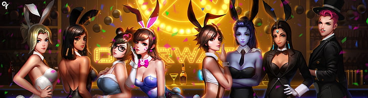 female game character wallpaper, overwatch, bunny costume, d.va, tracer, symmetra, zarya, anime style, Games, HD wallpaper