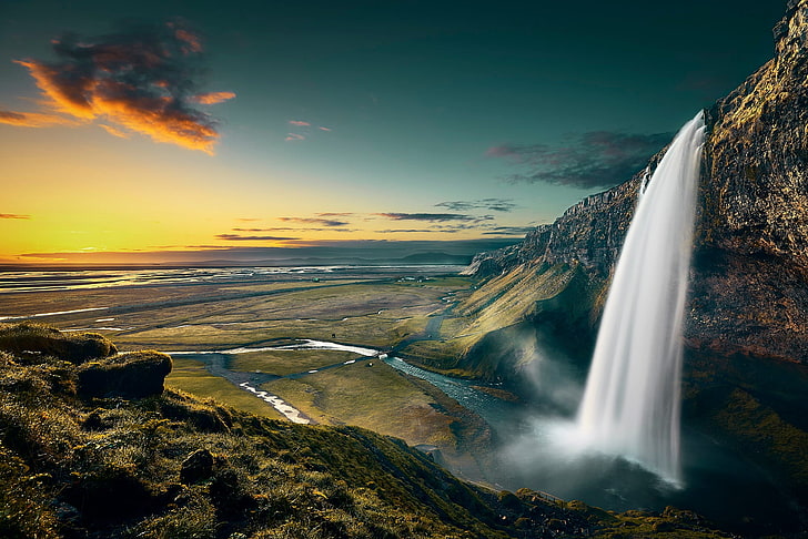 mountain with waterfall, nature, landscape, fall, horizon, Iceland, HD wallpaper