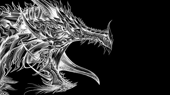 black dragon illustration, monochrome, dragon, fantasy art, artwork, black background, simple background, HD wallpaper HD wallpaper