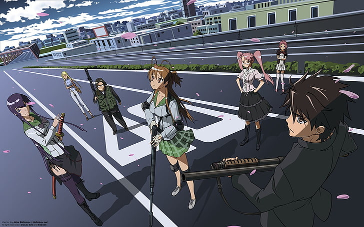 Ilustración de personajes de anime, Highschool of the Dead, Busujima Saeko, anime, uniforme escolar, Komuro Takashi, Fondo de pantalla HD