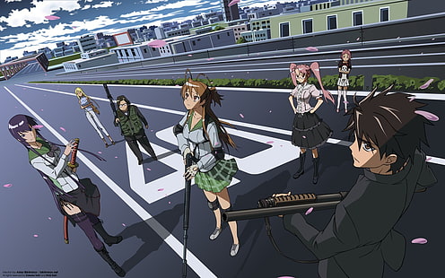 ภาพประกอบตัวละครอนิเมะ, Highschool of the Dead, Busujima Saeko, อะนิเมะ, ชุดนักเรียน, Komuro Takashi, วอลล์เปเปอร์ HD HD wallpaper