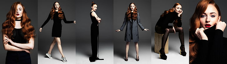 donne, collage, Sophie Turner, abito nero, Sfondo HD