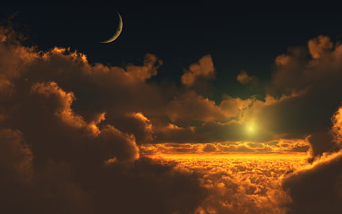 Луна, слънце, облаци, оранжево, HD тапет HD wallpaper