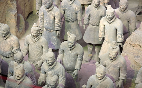 statues de profil masculin gris, sculpture, pierre, foule, gens, Fond d'écran HD HD wallpaper