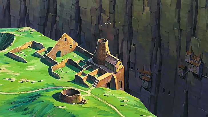 uçurumun üzerinde kahverengi beton ev, Studio Ghibli, anime, sanat eseri, Laputa: Gökyüzünde Kale, HD masaüstü duvar kağıdı