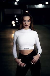  women, model, brunette, dark hair, long hair, straight hair, lipstick, dark lipstick, makeup, long nails, painted nails, white nails, pants, black pants, vertical, standing, young woman, looking at viewer, white tops, crop top, white clothing, tight clothing, bare midriff, belly, dark eyes, dark background, bokeh, mascara, high waisted, HD wallpaper HD wallpaper
