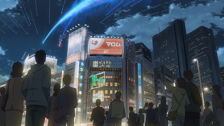 illustrazione di persone guardando cartellone digitale, Makoto Shinkai, Kimi no Na Wa, Sfondo HD