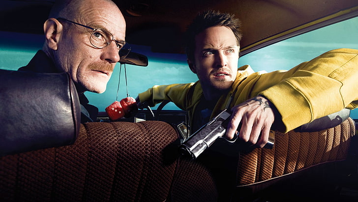 Zwei Männer sitzen auf dem Auto und halten die Waffe in der Hand. Breaking Bad, Walter White, Fernsehen, Jesse Pinkman, HD-Hintergrundbild