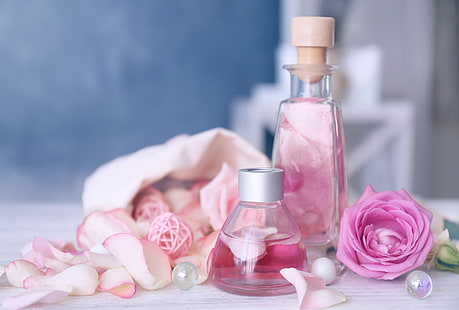 perfume, petals, rose, pink, pink roses, spa, oil, HD wallpaper HD wallpaper