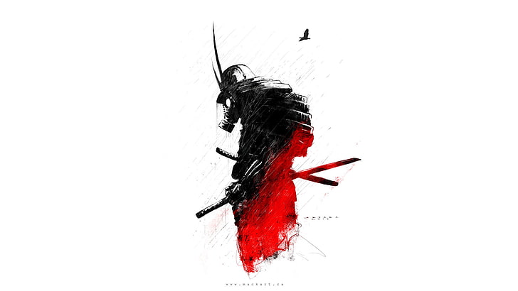 männlicher Charakter mit zwei Schwertern, die Gasmaskenillustration, digitale Tapete des Samurais, Zeichnung, Gasmasken, katana, weißer Hintergrund, Samurai tragen, HD-Hintergrundbild