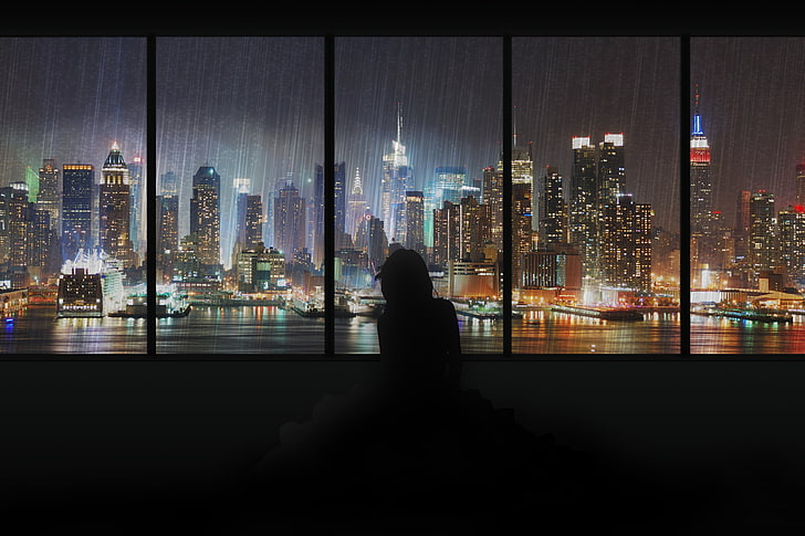 осветена илюстрация на градска сграда, аниме, градски пейзаж, произведения на изкуството, дъжд, HD тапет