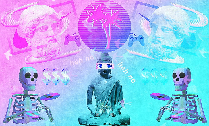 vaporwave ، Buddha ، Buddhism ، PlayStation ، قرص مضغوط ، هيكل عظمي، خلفية HD