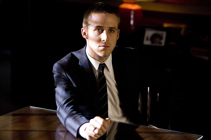 Ryan Gosling, ryan gosling, actor, man, bristles, suit, pensive, table, HD wallpaper