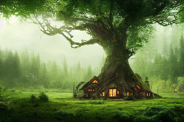 tree house, magic, forest, HD wallpaper