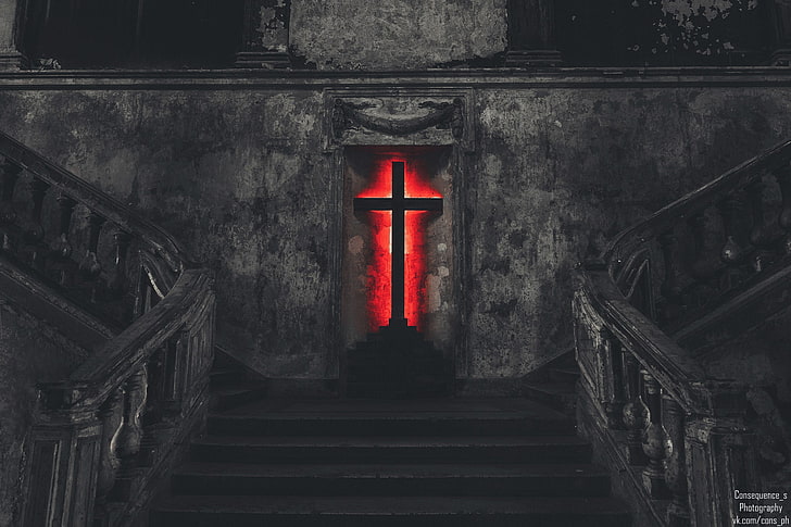 cross, stairs, selective coloring, HD wallpaper