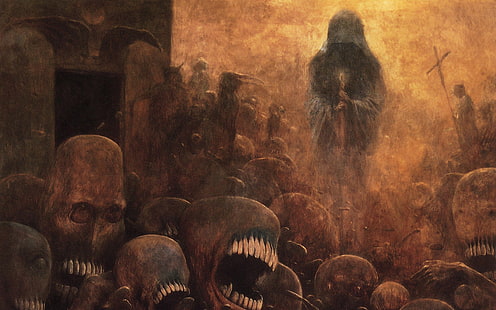 두개골 그림, Zdzisław Beksiński, 삽화, 어둠으로 둘러싸인 검은 가운을 입은 사람, HD 배경 화면 HD wallpaper