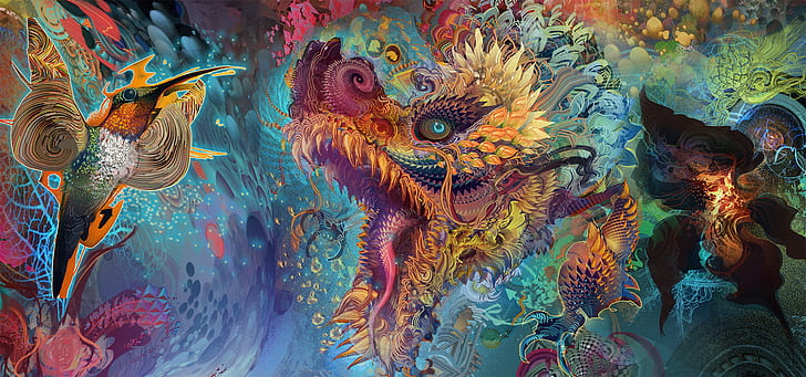 psychedelic, trippy, birds, dragon, HD wallpaper