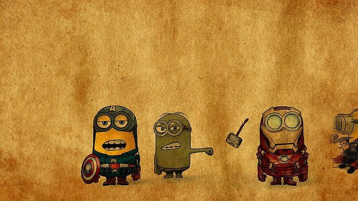 angry, avengers, crossovers, despicable, funny, hammer, hulk, iron, man, minions, punch, punching, singing, thor, HD wallpaper