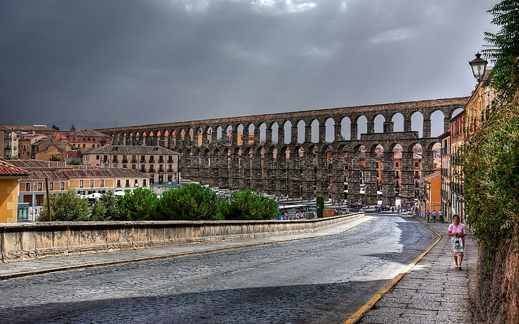 Segovia, Spain, Roman Aqueduct, Segovia, Spain, Roman Aqueduct, road, street, building, HD wallpaper