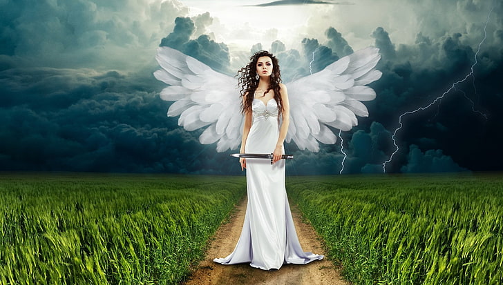 Fantasy, Angel, Artistic, Cloud, Field, Long Hair, Sky, Storm, Wings, Woman, HD wallpaper