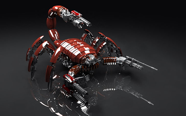красная роботизированная игрушка-скорпион, оружие, механизм, Скорпион, HD обои