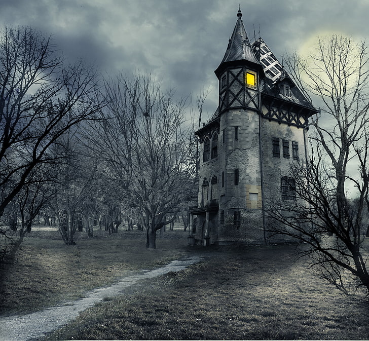ilustracja szarego zamku, niebo, chmury, drzewa, noc, dom, zamek, księżyc, księżyc, Halloween, niebo, przerażający, nawiedzony dom, straszny, pełny, straszny, nawiedzony, Tapety HD