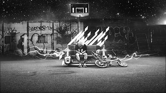 foto in scala di grigi dell'uomo seduto sul divano accanto alla bicicletta, G-Dragon, BIGBANG, K-pop, monocromatico, Sfondo HD HD wallpaper