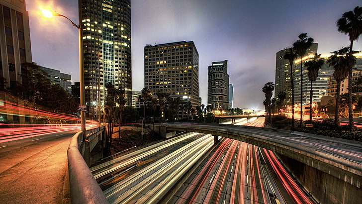 edifícios da cidade, paisagem urbana, cidade, construção, luzes, ponte, longa exposição, estrada, fotografia, Los Angeles, urbano, rodovia, rua, HD papel de parede