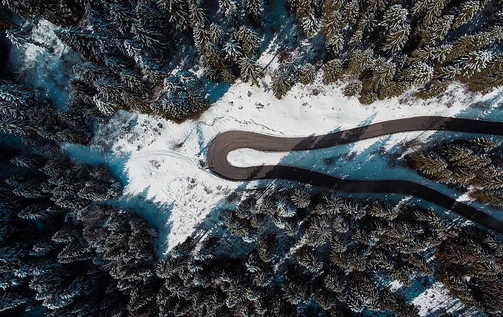 snow, forest, road, shadow, sunrise, aerial view, HD wallpaper