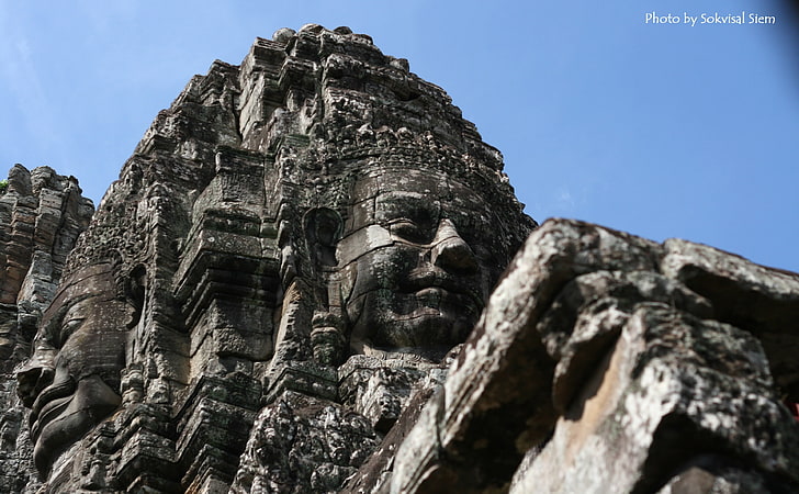 캄보디아 사원, 검은 색과 갈색 콘크리트 동상, 아시아, 캄보디아, 건축물, HD 배경 화면