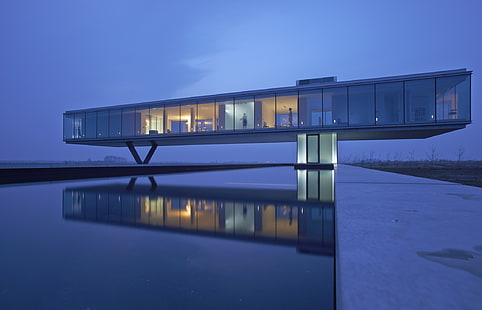 правоъгълна сива архитектурна къща, модерна, архитектура, сграда, къща, стъкло, вода, светлини, отражение, прозорец, Paul de Ruiter, син, Villa Kogelhof, HD тапет HD wallpaper