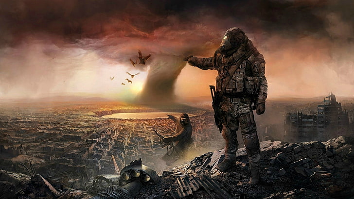 Mann stehend mit Rüstung digitale Tapete, Fantasy-Kunst, Zeichnung, Männer, Gasmasken, apokalyptisch, Ruine, Tornado, Militär, Soldat, Fledermäuse, HD-Hintergrundbild