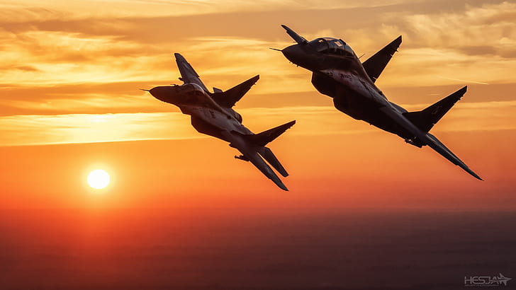 Залез, небе, облаци, изтребител, МиГ-29, полски ВВС, HESJA Air-Art Photography, HD тапет