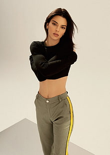  Kendall Jenner, women, brunette, model, belly, simple background, HD wallpaper HD wallpaper