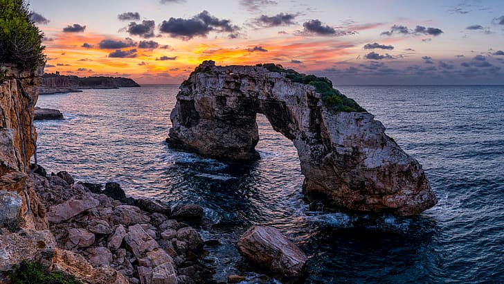 naturaleza, paisaje, España, Mallorca, cielo, arco, roca, costa, mar, nubes, Fondo de pantalla HD