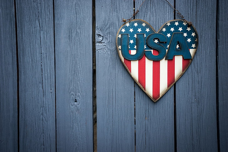heart, flag, wooden surface, USA, HD wallpaper
