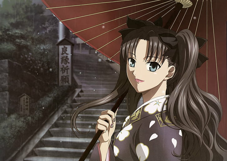 anime, blue, bows, brunettes, clothes, drops, eyes, fate, fate stay, games, girls, hair, japanese, kimono, long, nail, night, novels, ornaments, outdoors, polish, rain, rin, series, stairways, tohsaka, twintails, type moon, umbrellas, video, visual, water, HD wallpaper