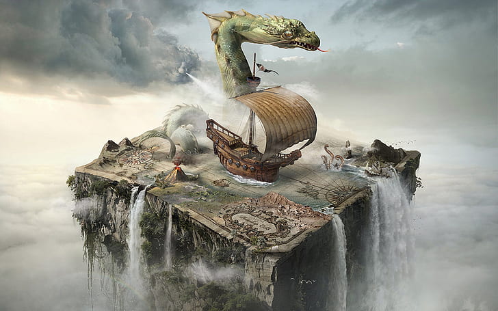 Best Fantasy Dragon, brown ship and serpent painting, HD wallpaper