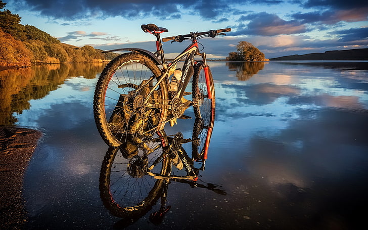 bicycle, water, landscape, reflection, nature, HD wallpaper