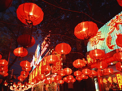 red paper lanterns, streets, china, chinese lanterns, HD wallpaper HD wallpaper