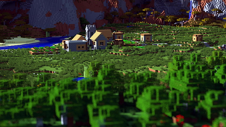 Minecraftゲームイラスト、Minecraft、ビデオゲーム、村、村、被写界深度、 HDデスクトップの壁紙