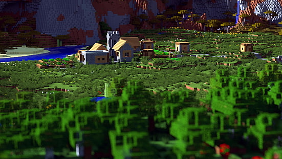 ilustrasi permainan minecraft, Minecraft, video game, desa, desa, kedalaman bidang, Wallpaper HD HD wallpaper